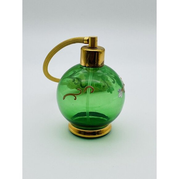 VTG PERFUME ATOMIZER EMERALD GREEN GLASS GOLD ACCENT FLOWERS CZECHOSLOVAKIA - Picture 3 of 7